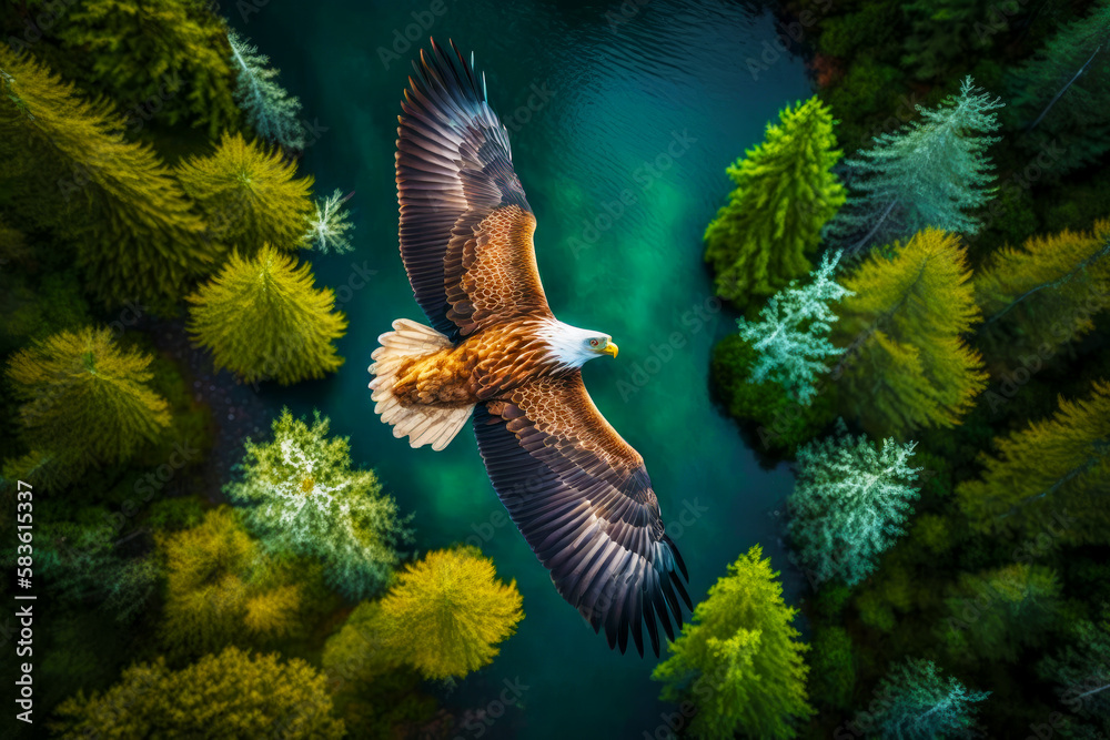 Canvas Prints Eagle flying over body of water surrounded by green and yellow trees. Generative AI.