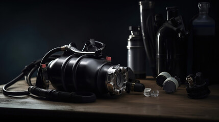 Diving equipment on dark background. Generative Ai