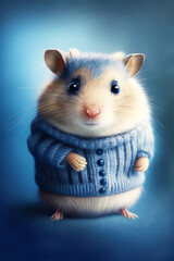 Small rodent wearing blue sweater with button on it's chest. Generative AI.