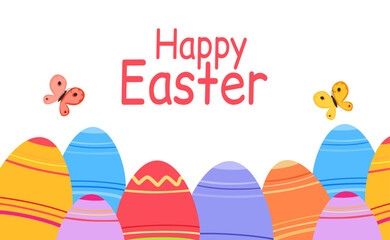 Easter eggs, festive attribute and decor. Bright different colored eggs with ornament and happy Easter handwritten lettering. Print for card, family holiday decor, greeting card, banner, invitation.