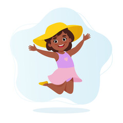 Cute little smiling jumping girl. Vector illustration in cartoon flat style