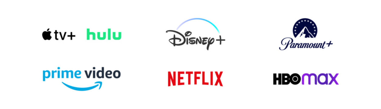 Top streaming services company logo set. Netflix, hbo max, paramount, disnep, apple tv, hulu, prime video. Editorial logotype in vector flat style.