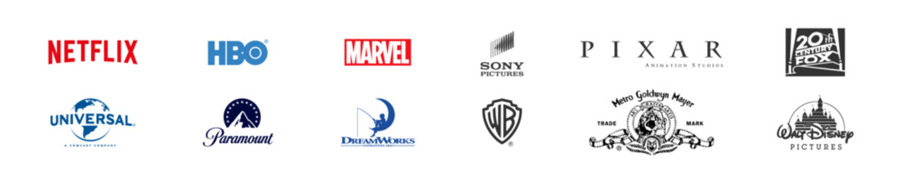 Top film and cinema studio company logo set. Netflix, hbo, universal, paramount, dreamworks, marvel, worner bros, sony, pixar, 20th century fox, disnep, metro goldwyn mayer, columbia. Editorial vector