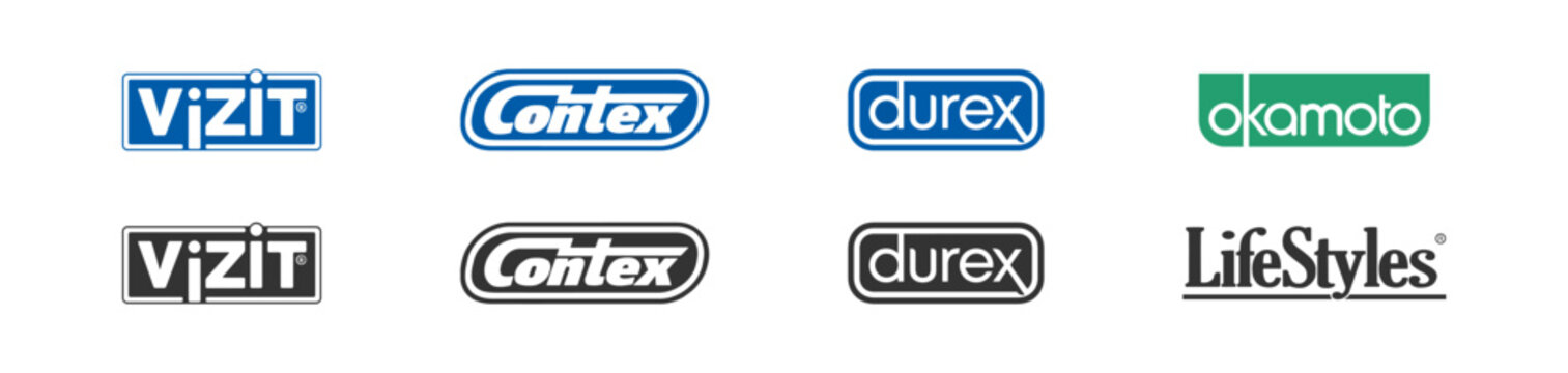 Top condom brand company logo set. Vizit, contex, durex, okamoto and lifestyles editorial logotype in vector flat style.
