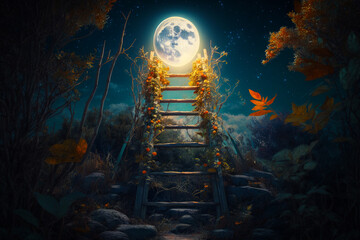 Image of ladder leading to full moon in forest with leaves and flowers. Generative AI.