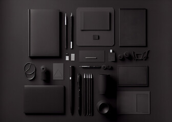 Dark trendy workplace with brochure mockup and office supplies on black desk, AI Generated