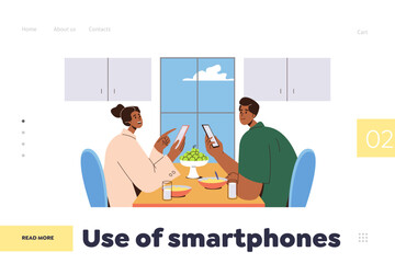 Use of smartphone landing page with family couple sitting at kitchen table looking in mobile phone