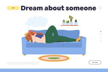 Dream about someone landing page design template with woman lying on sofa with book