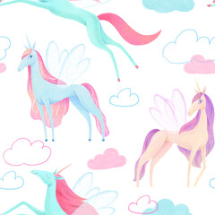 Unicorn pattern. Unicorns with fairy wings flying in the clouds. Isolated on white background. 