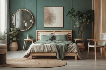 A stylish interior design for a bedroom. mock ups of a wooden nightstand, bed, folding screen, and a frame for a poster. a wall of eucalyptus. Template. Copy space. Generative AI
