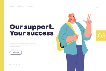 Support online services for students landing page design template with happy schoolgirl