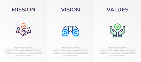 Mission, Vision and Values Infographic Vector template banner design. 3 steps infographic banner of company with Abstract icon and Modern flat design. Business vision presentation banner.