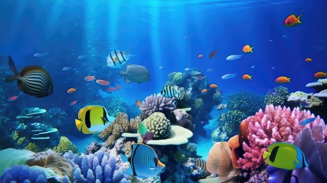 Animals of the underwater sea world. Ecosystem. Colorful tropical fish. Generative AI