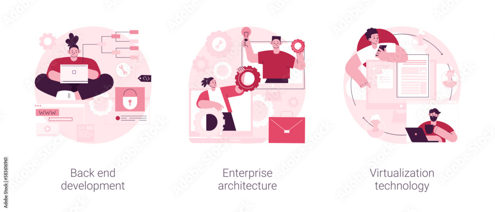 Poster enterprise software abstract concept vector illustration set. back end development, enterprise archi