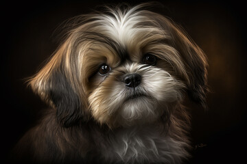Naklejka premium Discover the Charm of Shih Tzu Dogs: A Captivating Image of a Purebred on a Dark Background
