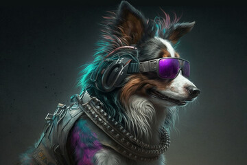 Cyberpunk rocker dog. Funny cyber punk rocker canine with sunglasses and jacket. Ai generated