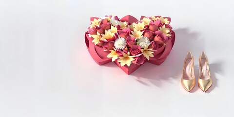 Photo of a heart-shaped flower box next to a pair of stylish shoes