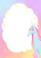 Unicorn frame template. Cute blue unicorn, rainbow colores cloud shape frame. Diploma, certificate, invitation, greeting card, qoute, poster, photo frame