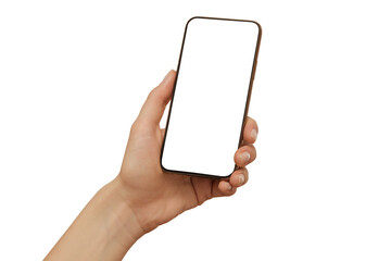 Female hand holding modern mobile phone with blank screen with clipping path isolated at white background. Cellphone mockup.