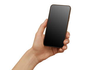 Female hand holding modern mobile phone with black screen isolated at white background. Cellphone mockup