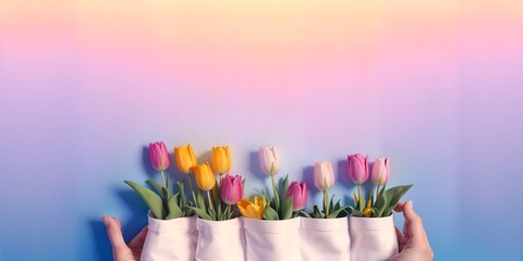 Photo of a person holding a bouquet of colorful flowers in a bag
