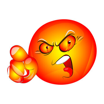 Aggressive angry emoticon with the features of an evil kolobok. Points with a finger.