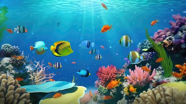 Animals of the underwater sea world. Ecosystem. Colorful tropical fish. Generative AI