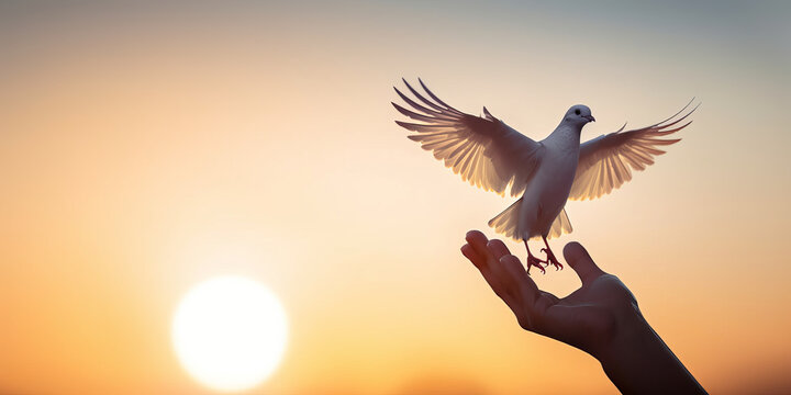 Concept for the International Day of Peace: Hand holding Dove flying against sunset - Generative AI