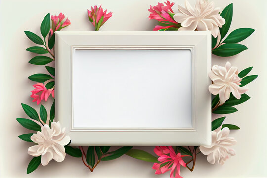 Top view of photo frame on background decorated with flowes. Copy space. AI Generated