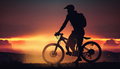 Silhouette men ride bicycle at sunset, Generative Ai