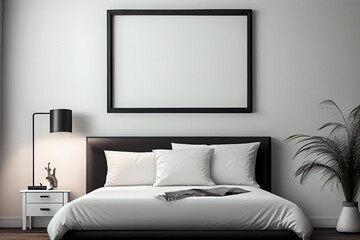 Frame mockup in interior. Cozy bedroom with empty poster frame. AI Generated