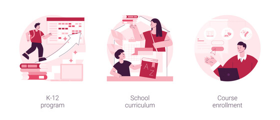 Public school abstract concept vector illustration set. K-12 program, school curriculum, course enrollment, learning calendar, education plan, degree program, new student abstract metaphor.