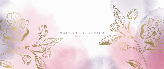 Vector pink watercolor background with gold flowers, branches and leaves for decor, covers, backgrounds