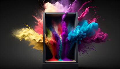 product display frame with colorful powder paint explosion