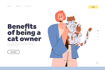 Landing page with benefit of being cat owner message and happy woman holding kitten in hands