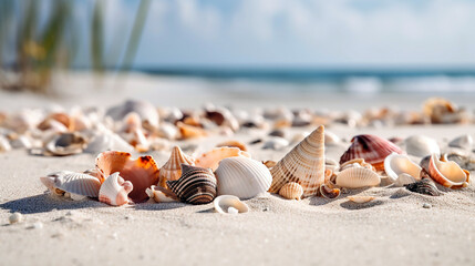 Close up of exotic seashells on the beach. Generative AI