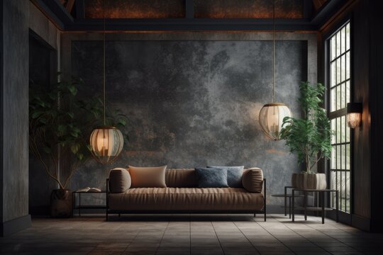 a living room with a sofa, an outdoor plant, and a floor lamp. For your art and print mockup, interior scene, and wallpaper mockup needs, use empty walls with a frame. alone against a dark stone wall