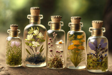 Obraz na płótnie Canvas Dry flower and herbarium stored in glass bottles. generative AI