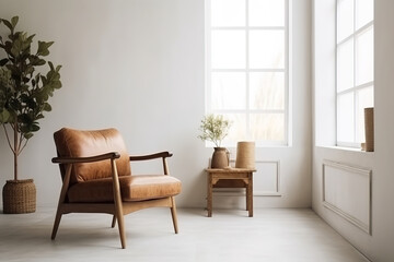 Interior de una vivienda con un elegante sillón, pared vacía en el fondo y algunos elementos de decoración, estilo minimalista. IA generative