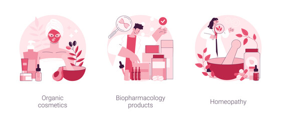 Beauty industry abstract concept vector illustration set. Organic cosmetics, biopharmacology products, homeopathy, skin treatment, natural pharmacy, nutrition supplement, holistic abstract metaphor.
