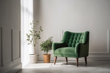 Fototapeta na wymiar Interior de una vivienda con un elegante sillón, pared vacía en el fondo y algunos elementos de decoración, estilo minimalista. IA generative