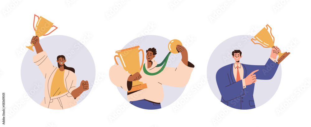 Wall mural set of succeed business people with golden trophy cup getting reward or prize for achievement