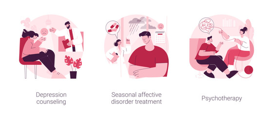 Mental health condition abstract concept vector illustration set. Depression counseling, seasonal affective disorder treatment, psychotherapy, behavioral cognitive therapy abstract metaphor.