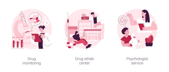 Fototapeta premium Abuse rehabilitation abstract concept vector illustration set. Drug monitoring, rehab center, psychologist service, primary healthcare, addiction therapy clinic, mental health abstract metaphor.