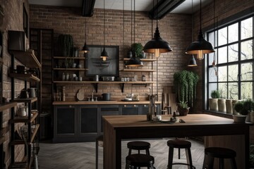 Fototapeta na wymiar Interior design for a rustic industrial kitchen with a white brick wall. Generative AI