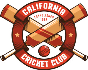 Cricket club retro emblem with bats ball and ribbon. vector illustration