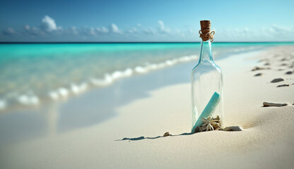 Bottle on sand beach over blurred tropical blue sea and clear blue sky, Generative Ai