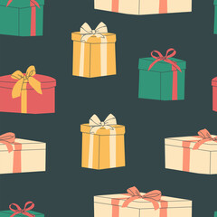 Vector seamless pattern with various gift boxes with bows on a dark background.