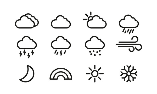 Weather set icon. Cloud, sun, rain, hail, thunderstorm, snow, frost, wind, hurricane, moon, rainbow, winter. Sky concept. Vector line icon for Business and Advertising