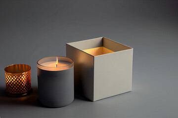 Organic scented soy candle with mockup box on pastel background. AI Generated